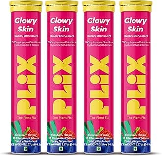 PLIX Glowy Skin 500mg Glutathione Supplement with Hyaluronic Acid, Vitamin C, E & Berries | 60 Effervescent Tablets, Strawberry Flavor