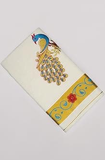 Kasavu Saree, Pure Cotton, Peacock Embroidery, with Running Blouse, Off White, Gold Zari 2x3inch, 5.5 Meters saree, 0.8 Meters Blouse