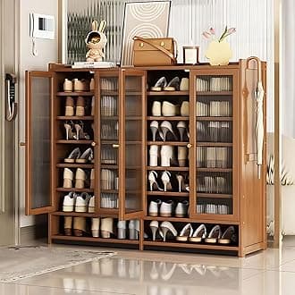8-Tier Bamboo Shoe Cabinet with Doors, 36-40 Pairs Freestanding Shoe Rack for Closet, Shoe Storage Cabinet for Entryway, Shoes Rack Organizer for Hallway, Bedroom, Living Room