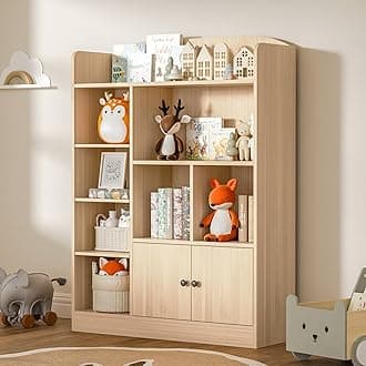 Oak Kids Bookshelf, Kids Bookcase with 7 Cubbies and 2 Cabinets, Freestanding Book Storage Shelves for Bedroom, Playroom, Hallway, 35.4" W x 48" H