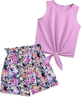 Girl's 2 Piece Outfits Tie Knot Tank Top and Paperbag Waist Pocketed Summer Short Sets