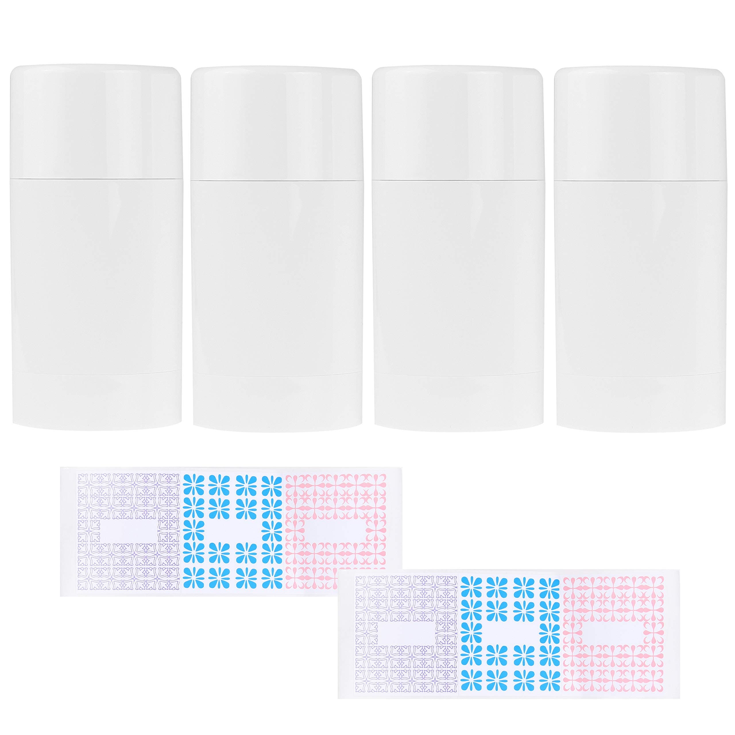 Empty Deodorant Containers with Cap (4-Pack) - 75ml. - Top Fill with Twist Mechanism - 6 Writable Stickers - Refillable Cosmetic Tubes for Lip Balm, Solid Fragrance, Soap etc. - (White