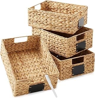 Casafield Set of 4 Water Hyacinth Pantry Baskets, 10" x 13" x 5", with Chalkboard Labels and Chalk Marker - Natural, Woven Storage Bin Organizers for Kitchen Shelves