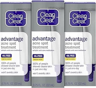 Clean & Clear Advantage Acne Spot Treatment Gel Cream, 2% Salicylic Acid Acne Medication, Witch Hazel, Oil-Free Gel Pimple Cream for Adults & Teens, Salicylic Acid, 3 x.75 Fl. Oz