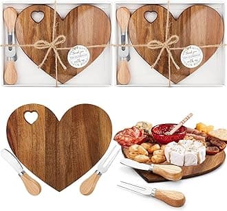 Patelai 2 Set Bridal Baby Shower Favor Heart Cheese Board with Knife, Wood Mini Charcuterie Board Thank You Gift Box for Guest Bridal Baby Shower Prize Wedding Valentines Birthday (Acacia Color)
