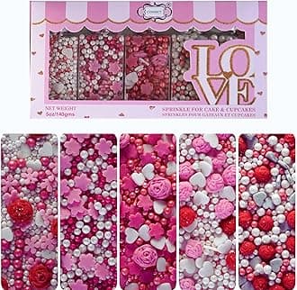 Confect Pink Mini Roses & Lips I Silver Hearts & Vermcelli and White Pearls, Sprinkles for Baking & Cake Decorative, Baby Shower Sprinkles, Edible sprinkles Mix Pack of 5-100 gms