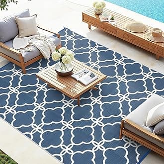 Ashler Outdoor Plastic Straw Rug Waterproof for Patio, Clearance Reversible Camping Mats, 8x10 Large Outdoor Area Rugs with Carrying Bag, for RV, Picnic, Backyard, Indoor, Dark Blue