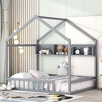 Bellemave Full Floor Bed for Kids, Girls, Boys, Wood House Bed Frame, House Floor Bed for Kids, Full Size Montessori Floor Bed with Fence, Playhouse for Kids, Gray with Shelf