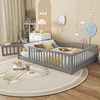 Full Size Floor Bed with Slats and Center Support Bar, Full Size Montessori Floor Bed with Fence and Door, Kids Montessori Bed Full Size, Full Montessori Floor Bed for Kids, Girls, Boys, Gray