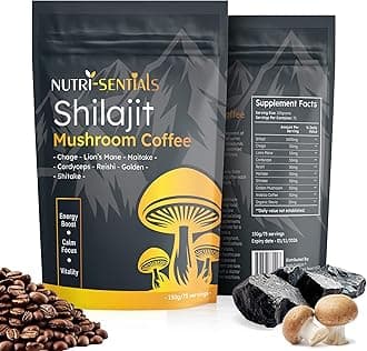 Shilajit Mushroom Coffee Powder, Pure Himalayan Shilajit Instant Coffee Mix with Chaga, Cordyceps and Lion’s Mane, Superfood Blend for Focus and Energy Support, No Gluten or Artificial Flavors