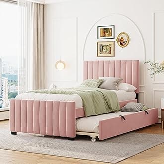 Merax Twin Size Velvet Upholstered Platform Bed, Wood Bed Frame with Twin Size Trundle, Pink
