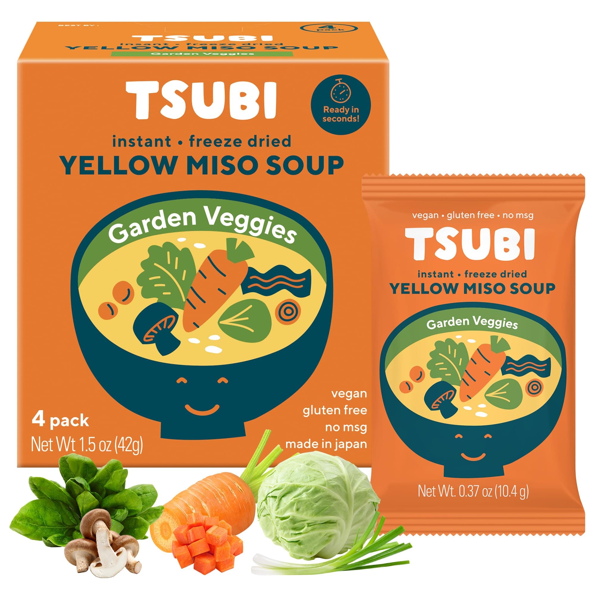 Tsubi Soup Freeze-Dried Japanese Miso Soup Packets - Instant, Vegan, Easy Mix, Gluten & MSG-Free, and Flavorful - Ready in Seconds - Made in Japan - Yellow Miso (Garden Veggies) - 4 Packs.
