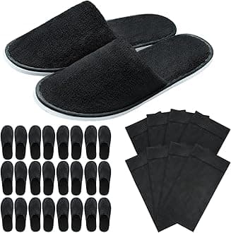 12 Pairs Black Travel Velvet Slippers with 12 Pieces Black Travel Bags Spa Cotton Closed Toe Slippers Thick Comfortable Non Slip Disposable Slipper for Home Hotel Commercial Use, One Size Fits Most,