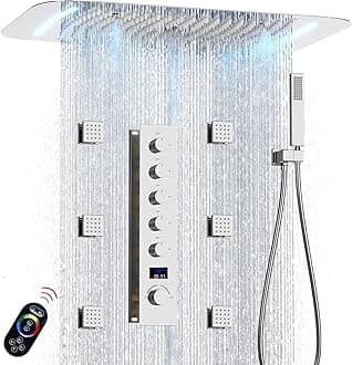 Polished Chrome Shower System Digital Display Shower Faucet Set with 16X26 inch Ceiling Mounted LED Shower Head(Rain&Water Column&Mist 3 Modes), 6 PCS Body Jet and Handheld Spray