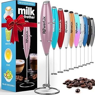 PowerLix Milk Frother Handheld Battery Operated Electric Whisk Foam Maker for Coffee, Latte, Cappuccino, Hot Chocolate, Durable Mini Drink Mixer with Stainless Steel Stand Included (Light Pink)