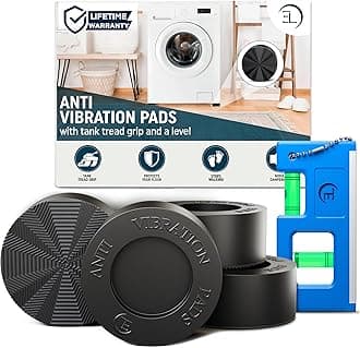 Anti Vibration Pads for Washing Machine with Tank Tread Grip | 8 Pack + Level | Check Compatibility, Fits Most Round Feet up to 1.75” | Stops Washer Dryer from Moving | Rubber Antivibration Stabilizer