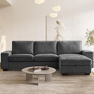 Chenille L Shaped Sectional Couches for Living Room, Comfy Convertible Modular Sofa with Storage Chaise for Small Spaces,Mid Century Modern,Deep Seat (Dark Grey, 99")
