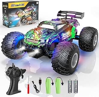 Remote Control Car, 1:18 Scale All Terrain RC Cars, 2WD 20Km/h with Colorful LedLight and Two Rechargeable Batteries, Remote Control Monster Truck Off Road Racing Car Toys for Kids and Boys