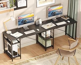 Bestier L Shaped Desk, Reversible Corner Computer Desk or Long Desk for 2 Person with Adjustable Shelves, Large Writing Study Workstation with 3 Cable Holes - Black