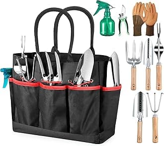 Garden Tools 9-Piece Heavy Duty Gardening Hand Tools with Fashion and Durable Garden Tools Organizer Handbag, Rust-Proof Garden Tools Set, Ideal Gardening Gifts for Women (Black Red)