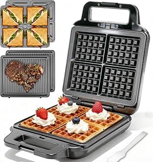 FineMade Belgian Waffle Maker with Removable Plates, Waflera Electrica, Large Waffle Iron, 3 in 1 Panini Grill Press Breakfast Sandwich Maker, Electric Griddle, Grilled Cheese Maker, Breakfast Station