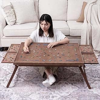 1500 Piece Wooden Jigsaw Puzzle Board with 4 Drawers, Folding Puzzle Table with Protective Cover, Puzzle Board with Legs, Multifunctional Puzzle Board for Adults, 34W x 26.3D, Chocolate Brown