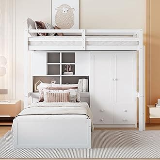 Wood Bunk Bed Twin Over Twin Size with Built-in Wardrobe and Drawers, Loft Bed & L-Shape Platform Bed with Hydraulic Storage and Shelves for Kids Teens Adults, Space-Saving (White-YY10)