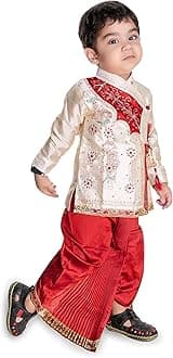 NEW GEN Boys Festive and Casual Self Design Full Sleeve Regular Raja Kurta with Platting Dhoti (3-4 Years, Red)