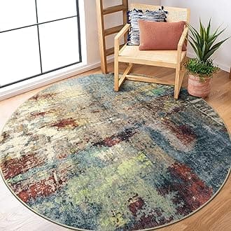 Lahome Modern Abstract Round Rug 5ft - Washable 5x5 Circle Rugs for Bedroom Dining Table Non Slip Non-Shedding, Soft Floor Carpet for Living Room Nursery Dorm Kitchen,Red/Multi