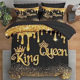 Comforter Set Twin Size, King Queen Black Gold Crown 5 Pcs Bedding for Kids and Adults, Royal Love Bed Sheet Sets with Fitted Sheet Pillowcase & Sham for Bedroom Bed Decor