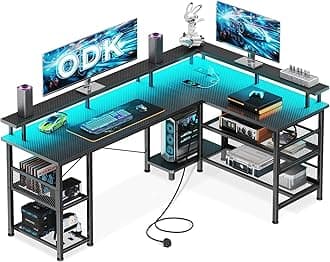 ODK L Shaped Gaming Desk with LED Lights & Power Outlets, 150×102cm Reversible Corner Desk with Storage Shelves, Computer Desks with Monitor Stand, Carbon Fiber Black