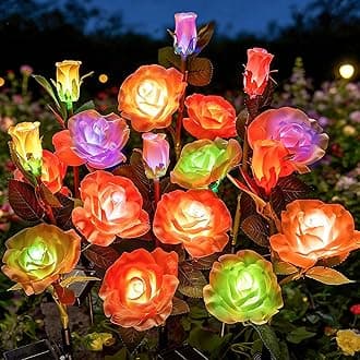Brightown Outdoor Solar Flower Lights, 4 Pack 7-Color Changing Solar Garden Lights with Larger & More Realistic Rose, Bigger Solar Panel, Waterproof Solar Lights for Yard Garden Lawn Pathway Decor