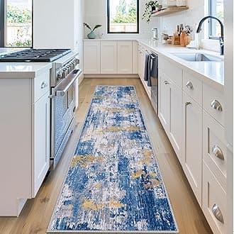 RELEANY Washable Area Rugs 2'x6' Non-Slip Modern Abstract Soft for Living Room Entryway Bedroom Nursery, Print Pattern, Grey Blue Gold/Golden
