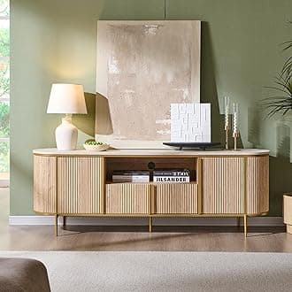 Luxury 70" Fluted TV Stand, Modern Chic Entertainment Center for TVs Up to 80 inches, TV Console with Faux Marble Top, Curved Profile Design, Media Console for Living Room, Natural Oak