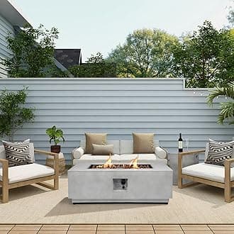 2 Pieces 42-Inch Outdoor Propane Fire Pit Table w/Tank Cover - 50,000 BTU, CSA-Certified Concrete Rectangle Firepits | Integrated Ignition, Steel Lid, Lava Rocks & Rain Cover Included