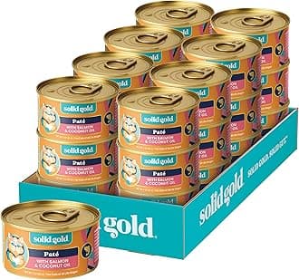 Solid Gold Wet Cat Food Pate in Coconut Oil - Healthy Canned Cat Food Pate w/Real Salmon, Omega Fatty Acids, Vitamins & Minerals - Grain Free & Gluten Free Canned Meals for Cats & Kittens - 24ct/3oz
