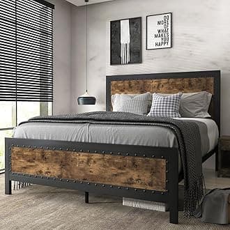 SHA CERLIN Grey Metal Bed Frame Queen, Industrial Wooden Platform Base with Rivet Headboard and Footboard, No Box Spring Needed