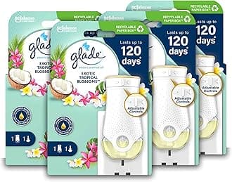 Glade Plug in Air Freshener Holder and Refill, Electric Scented Oil Room Air Freshener, Tropical Blossoms, Pack of 4 Starter Kits, (4 x Holder and 4 x 20 ml Refill)