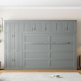 Queen Size Murphy Bed Wall Bed with Closet and Top Cabinets, Traditional Solid Wood Murphy Bed Chest Cabinet Bed for Guest Room Home Office, Space-Saving Design (Gray-TC1)
