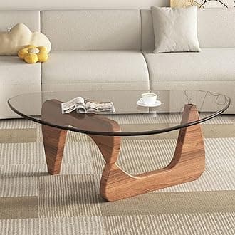 EASYSOUL Modern Glass Coffee Table, 44.88" D x 32.28" W x 15.75" H, Abstract Round Tea Tables for Living Room Home Office Industrial Cocktail Tables (Walnut-Clear Glass, 44.88")