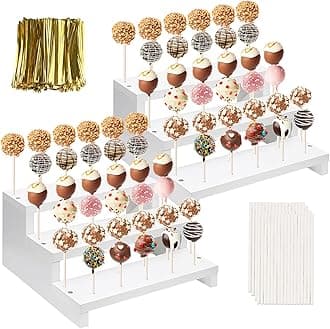 2Pcs Wood Cake Pop Display Stand, White Lollipop Holder 3 Tier with Twist Ties Lollipop Sticks, 33 Holes Sucker Storage Rack for Dessert Table of Wedding Birthday Party Christmas Day (B)