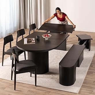 Transformer Table - Solid Wood Extendable Round Dining Table Set with Bench and 4 Chairs, Seats 4-10, Extendable Round Dining Set, Black (Table + Bench + 4 Chairs)