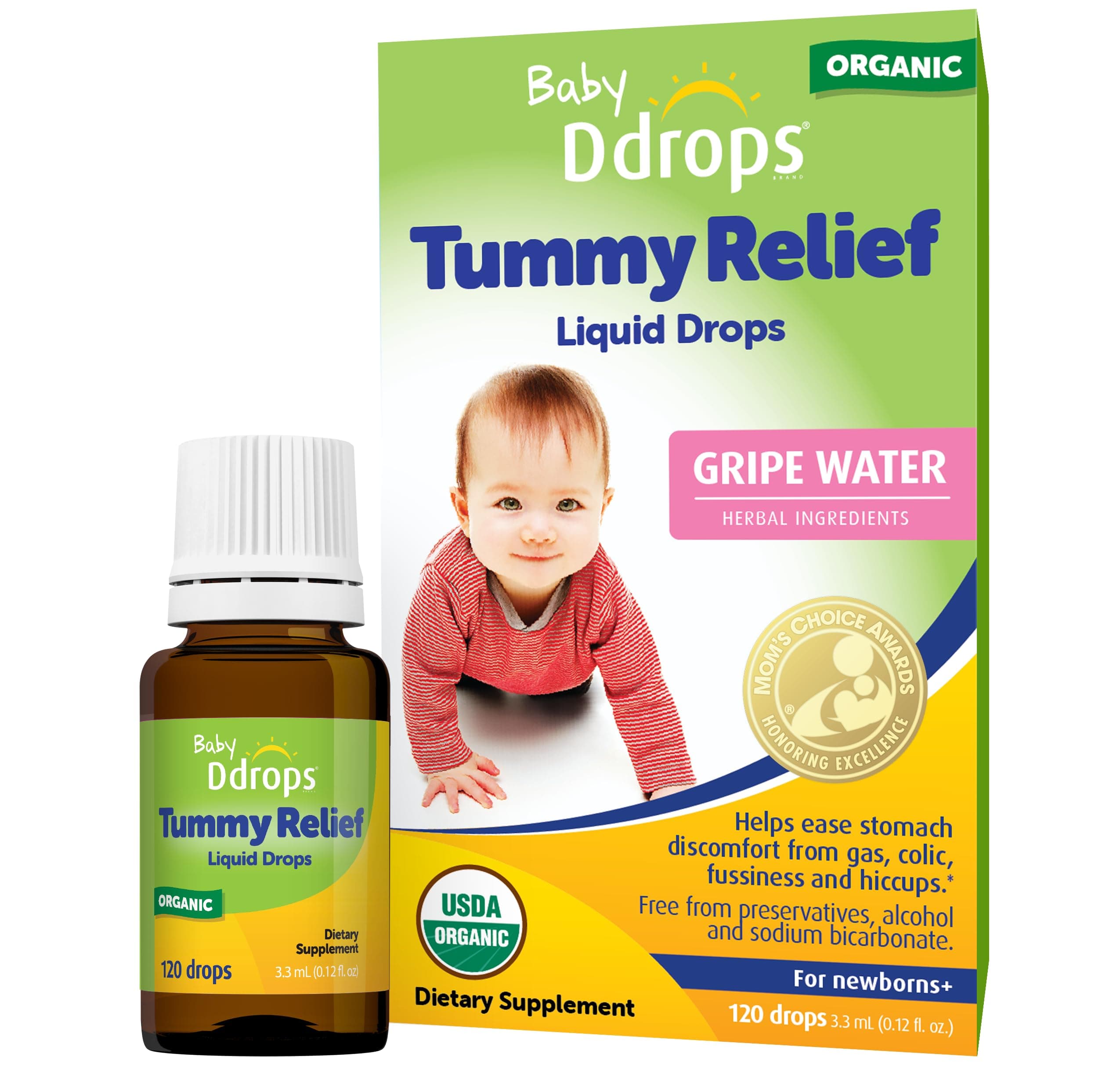 Ddrops Baby Tummy Relief Liquid Drops, Organic Gripe Water for Newborns, Relief from Gas, Colic, Fussiness and Hiccups, Just One Drop, Herbal Ingredients, 120 Drops