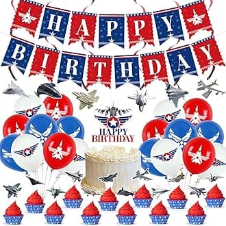 Fighter Jet Party Supplies, Top Air Force Gun Birthday Decorations, Aircraft Party Decorations Include Military Jet theme Banner Hanging Swirl Balloons Cake & Cupcake Toppers
