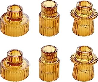 Taper Glass Candlestick Holders Tealight Candle Holders for Table Centerpieces, Wedding Decor and Dinner Party (6 Pcs, Amber)