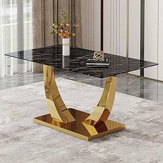 aux Marble Dining Table, Black Dining Room Table for 4-6, Gold Kitchen Table for Dining Room,0.4 Thickened Tempered Glass Top with Golden Rectangular Base