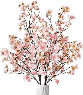 4 Pcs Artificial Cherry Blossom Flower Branches, Bulk Silk Faux Flowers Real Touch Bouquet for Home Wedding Party Centerpieces Spring Summer Decor, Vase Not Included(Champagne)