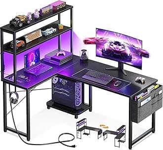 L Shaped Desk Gaming Desk with LED Light & Power Outlet, 43 Inch Reversible L Shaped Computer Table with Shelf, Corner Desk with Storage Bag&Hook for Home Office Desk, Black
