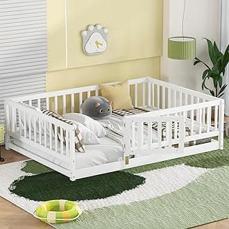Full Size Floor Bed with Door and Fence,Montessori Floor Bed with Safety Guardrails,Solid Wood Full Size Floor Bed Frame for Girls Boys,Kids Montessori Bed Full Size,White