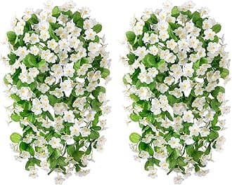 Artificial Hanging Orchid Flowers 2PCS, Faux Hanging Plants Fake Silk Orchid Flower Bouquet Garland for Home Garden Wall Wedding Party Indoor Outdoor Decoration (White 2)